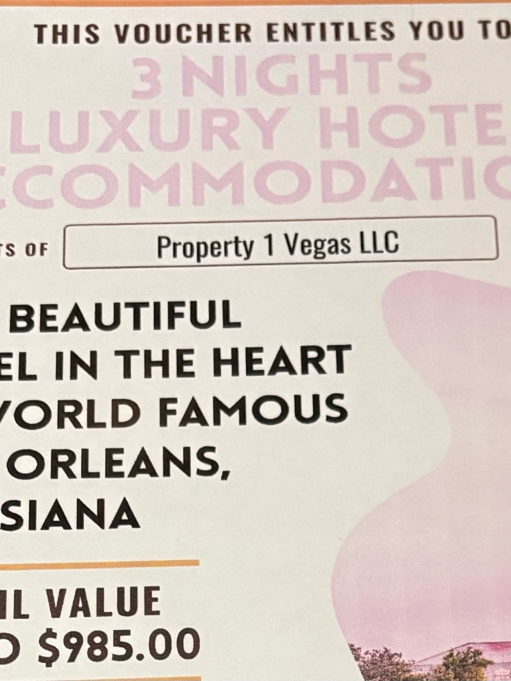 Travel hotel accommodations voucher for New Orleans